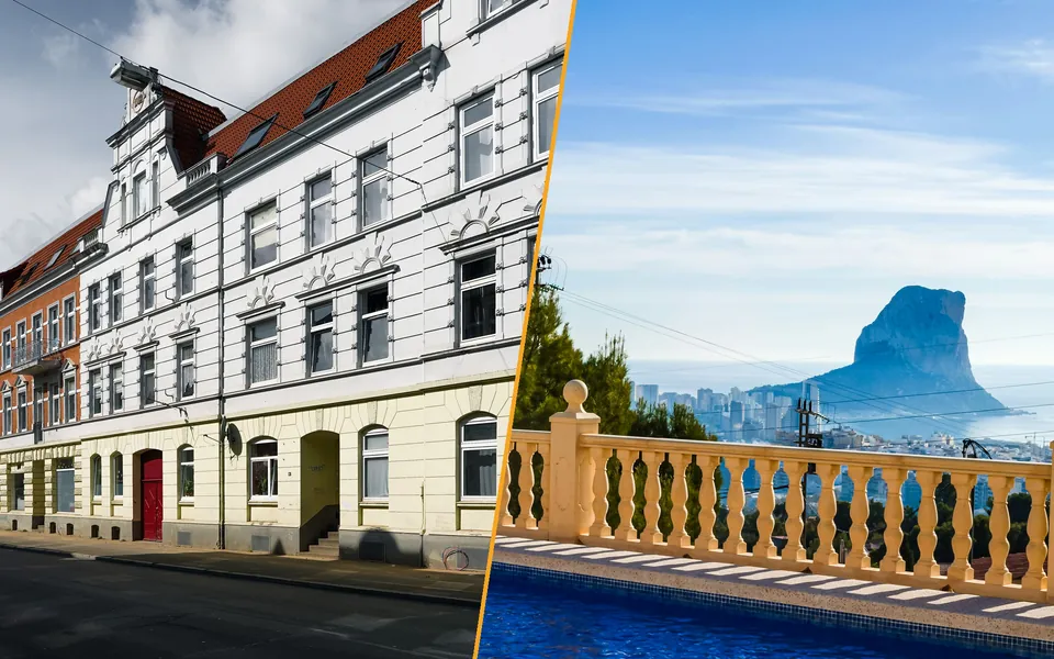A German residential street with restored facades on the left, a pool terrace overlooking the Peñón de Ifach in Calpe on the right