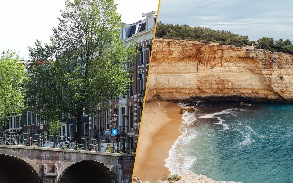 An Amsterdam canal bridge with canal houses on the left, golden cliffs and a beach on the Algarve coast on the right