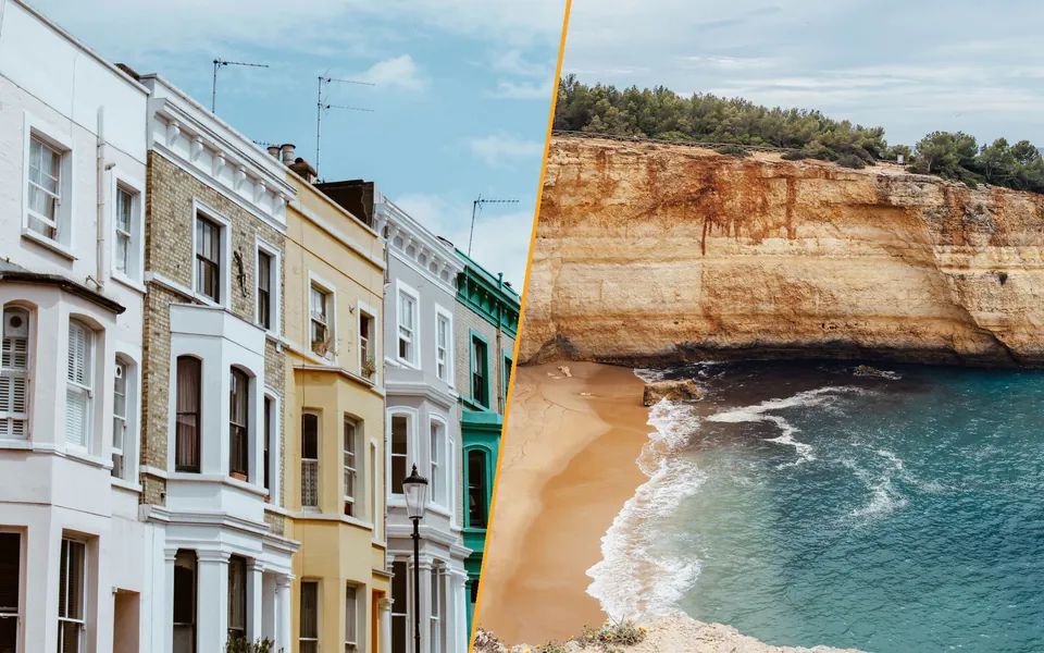 Colourful London terraced houses on the left, golden cliffs and a beach on the Algarve coast on the right